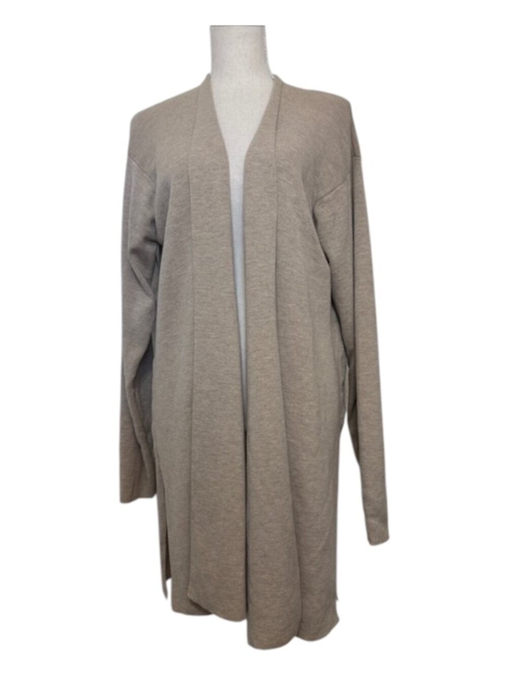 Eileen Fisher 100% Wool Cardigan Women's Size Large Taupe Open Front Longline